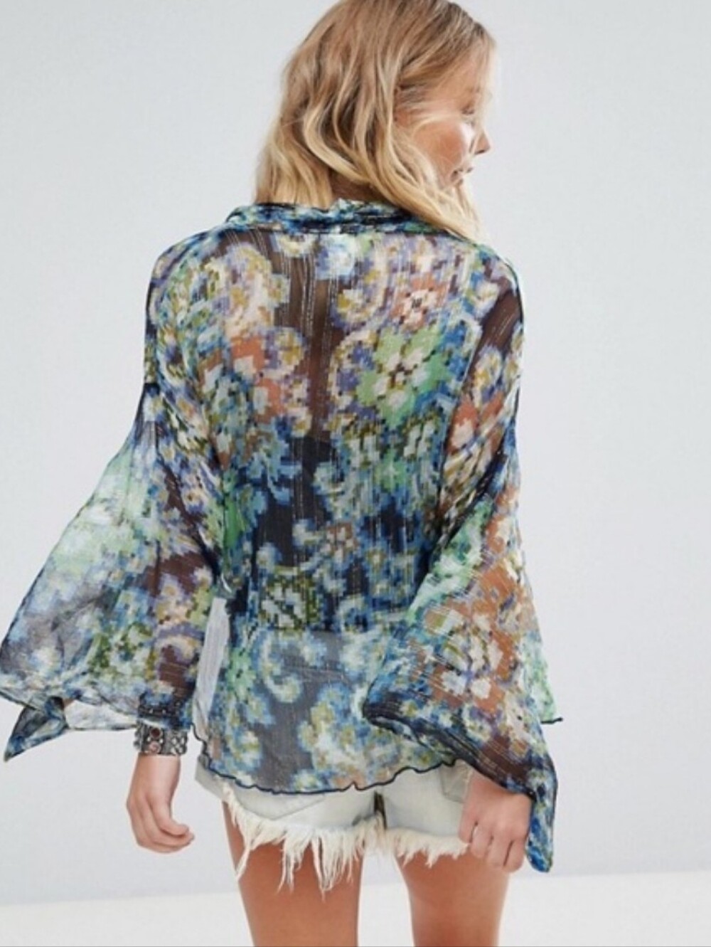 NWT Free People Fleur De Lis Kimono Boho Sheer Cover Up Blue Green Metallic Sz M